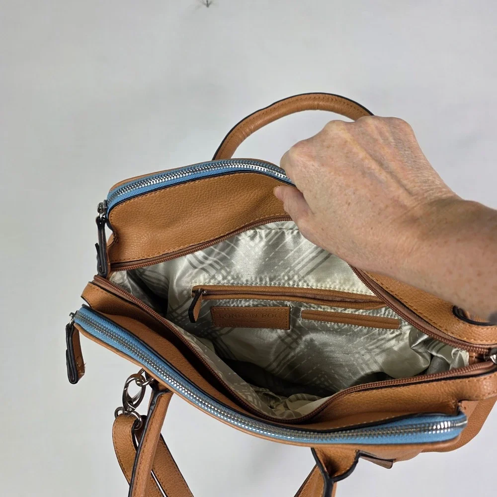 London Fog Tan Pebbled‎ Vegan Leather Satchel Crossbody Bag Blue Trim